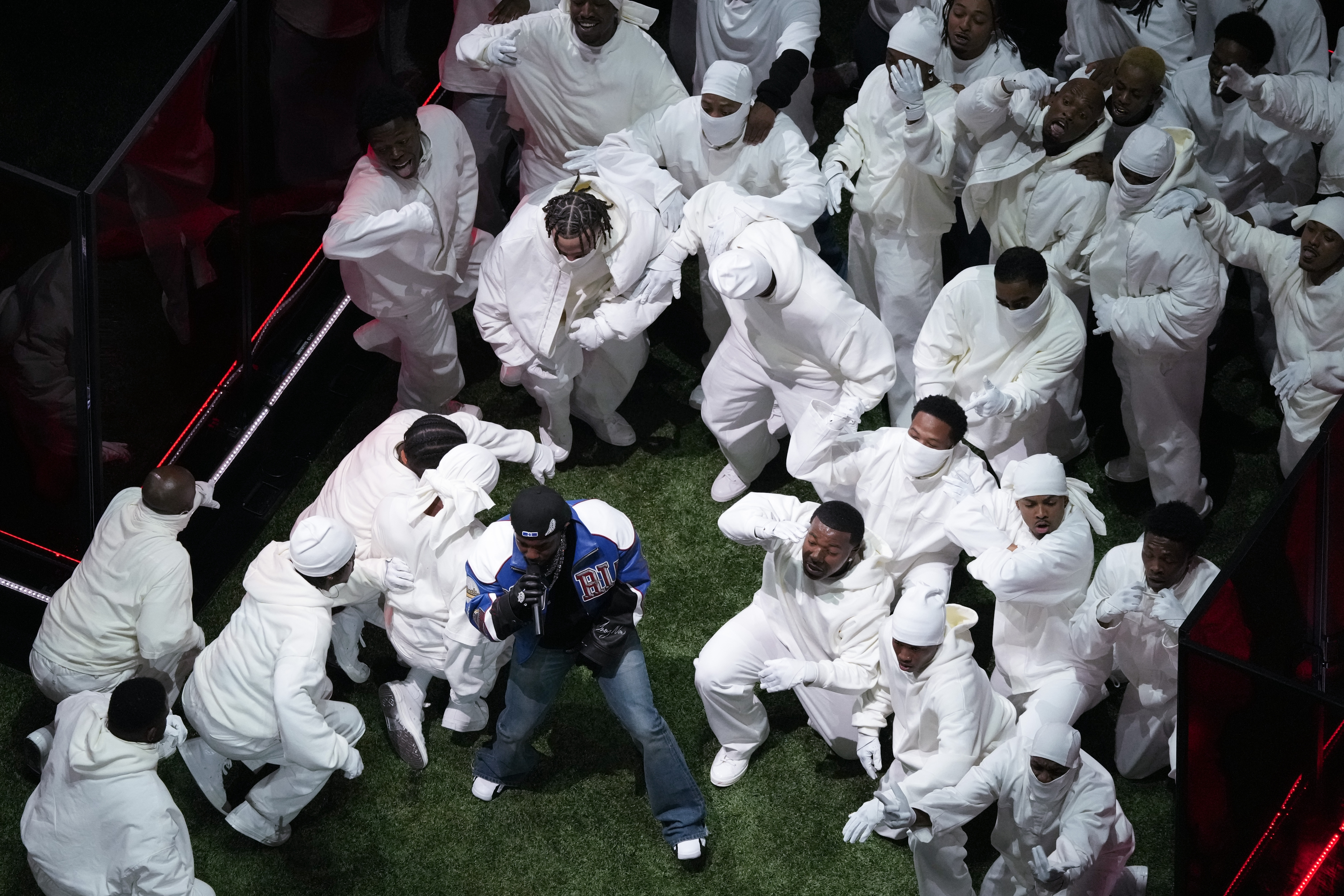 Kendrick Lamar performs during halftime of the NFL Super Bowl 59 football game between the Kansas City Chiefs and the Philadelphia Eagles, Sunday, Feb. 9, 2025, in New Orleans. (AP Photo/Godofredo A. Vásquez)