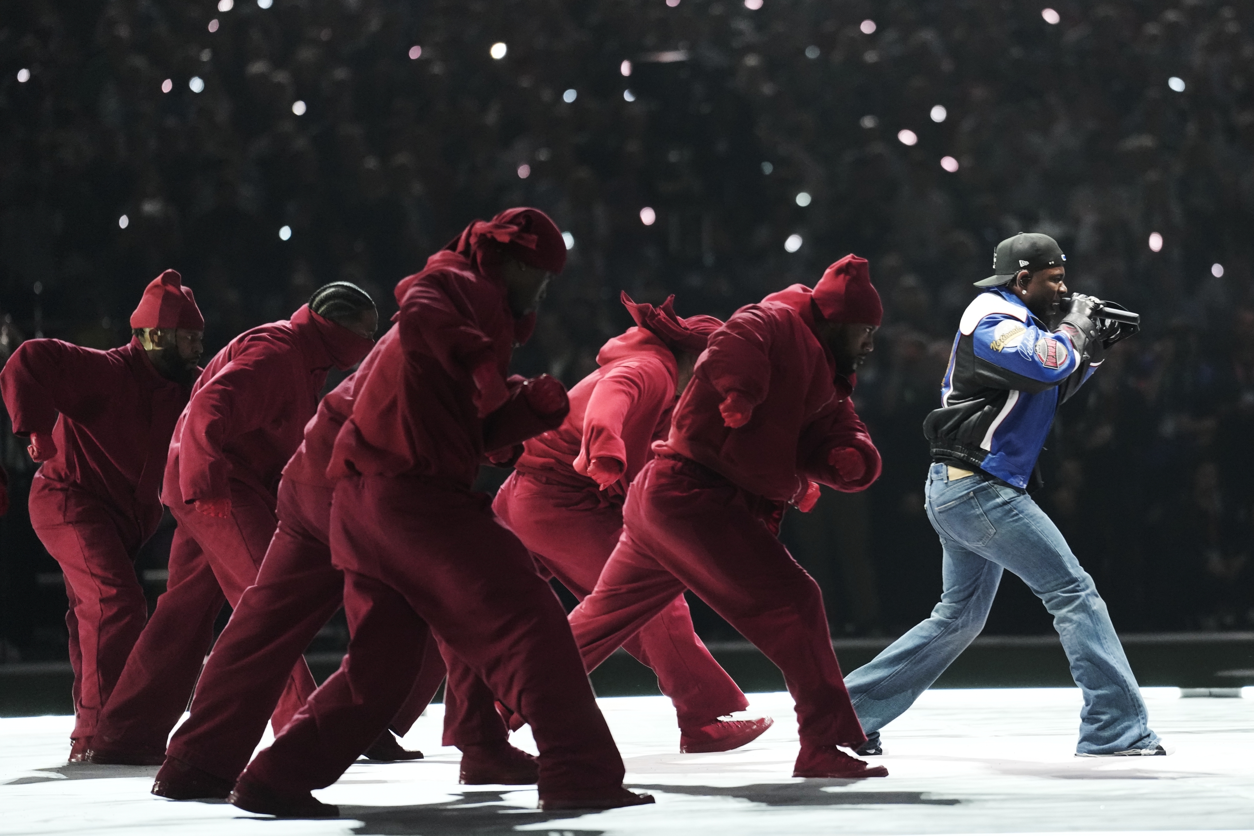 Kendrick Lamar performs during halftime of the NFL Super Bowl 59 football game between the Kansas City Chiefs and the Philadelphia Eagles, Sunday, Feb. 9, 2025, in New Orleans. (AP Photo/Ashley Landis)