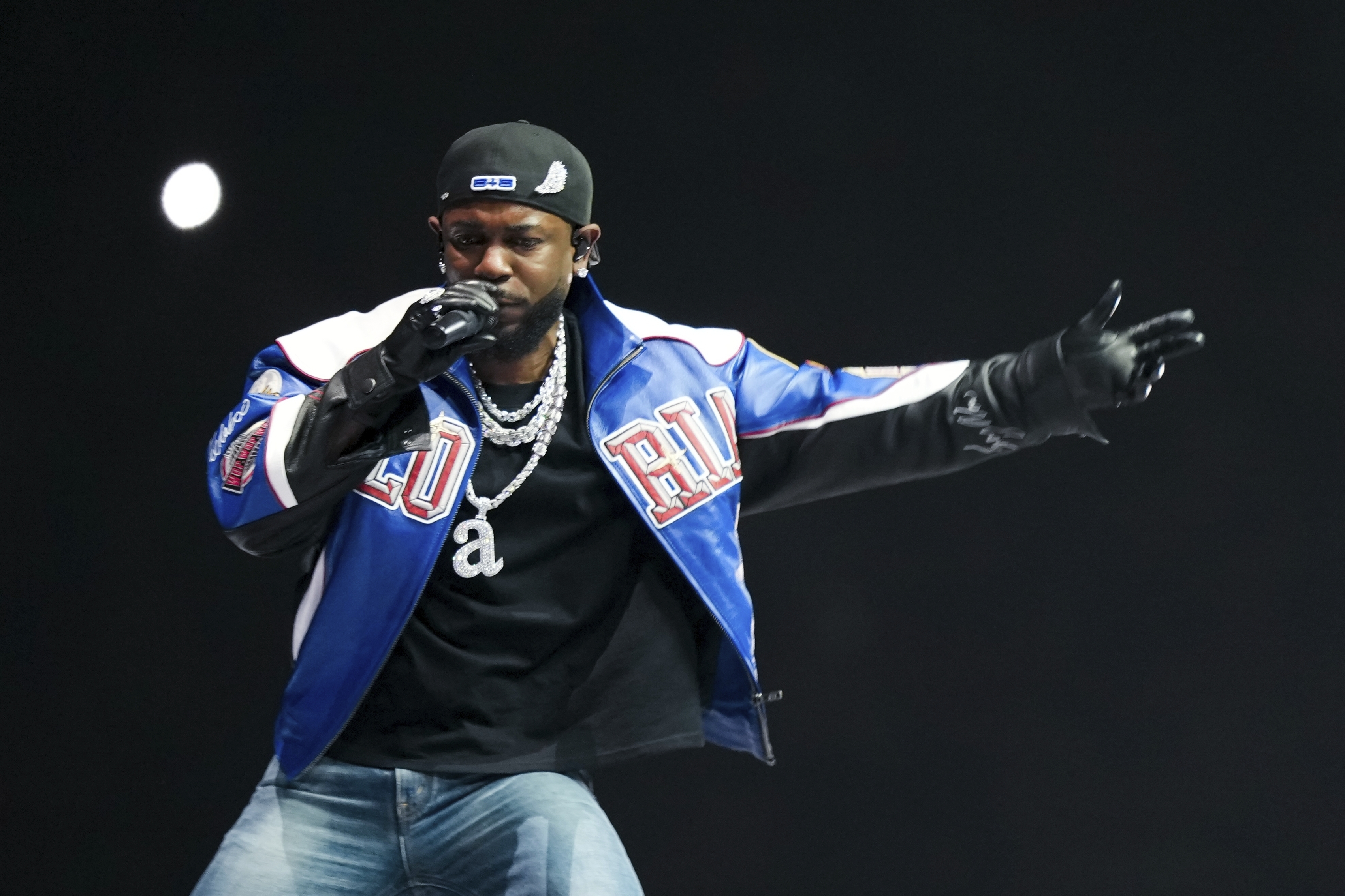 Kendrick Lamar performs during halftime of the NFL Super Bowl 59 football game between the Kansas City Chiefs and the Philadelphia Eagles, Sunday, Feb. 9, 2025, in New Orleans. (AP Photo/Matt Slocum)