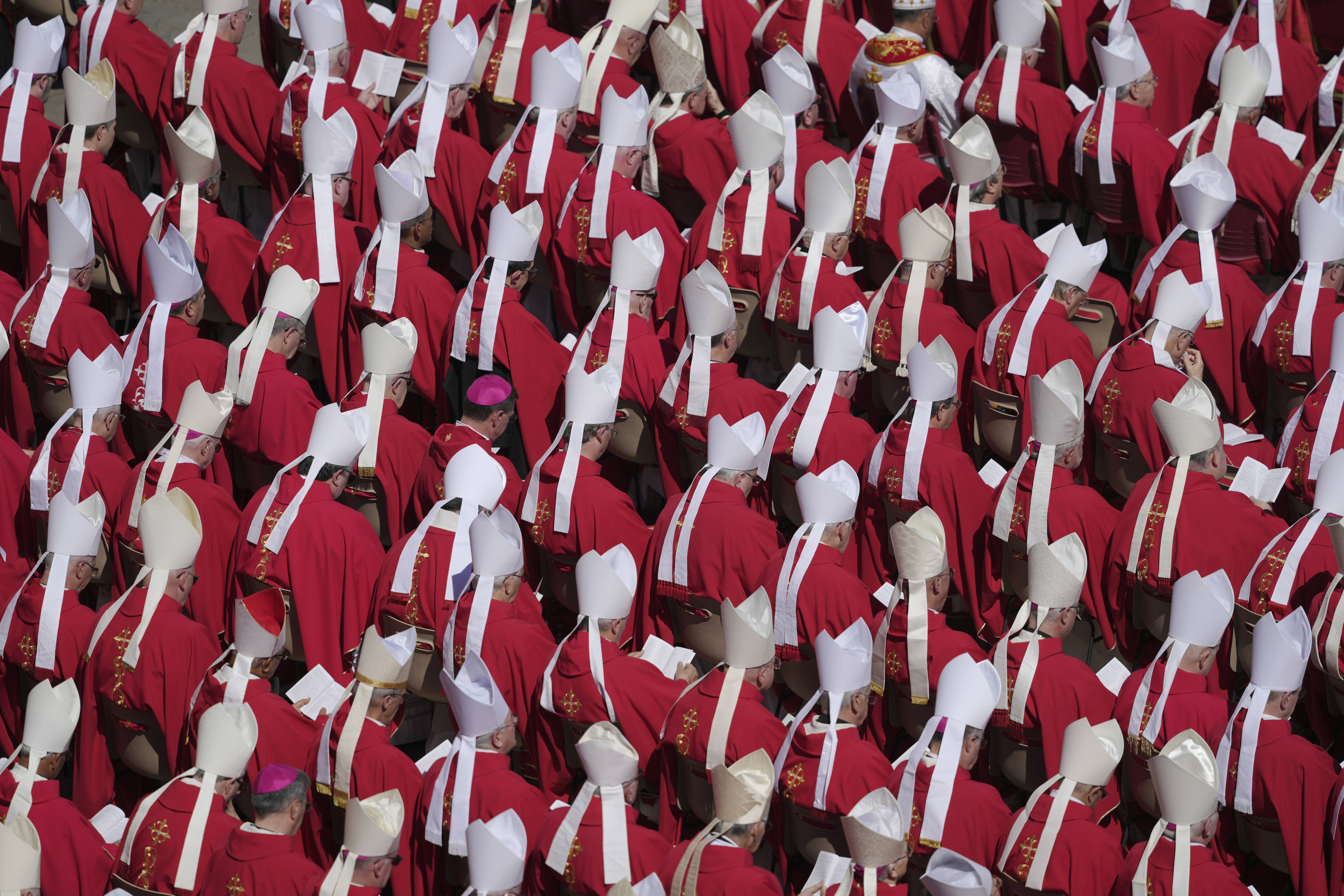Clergy during the funeral of Pope Francis in St. Peter's Square at the Vatican, Saturday, April 26, 2025. (AP Photo/Markus Schreiber)