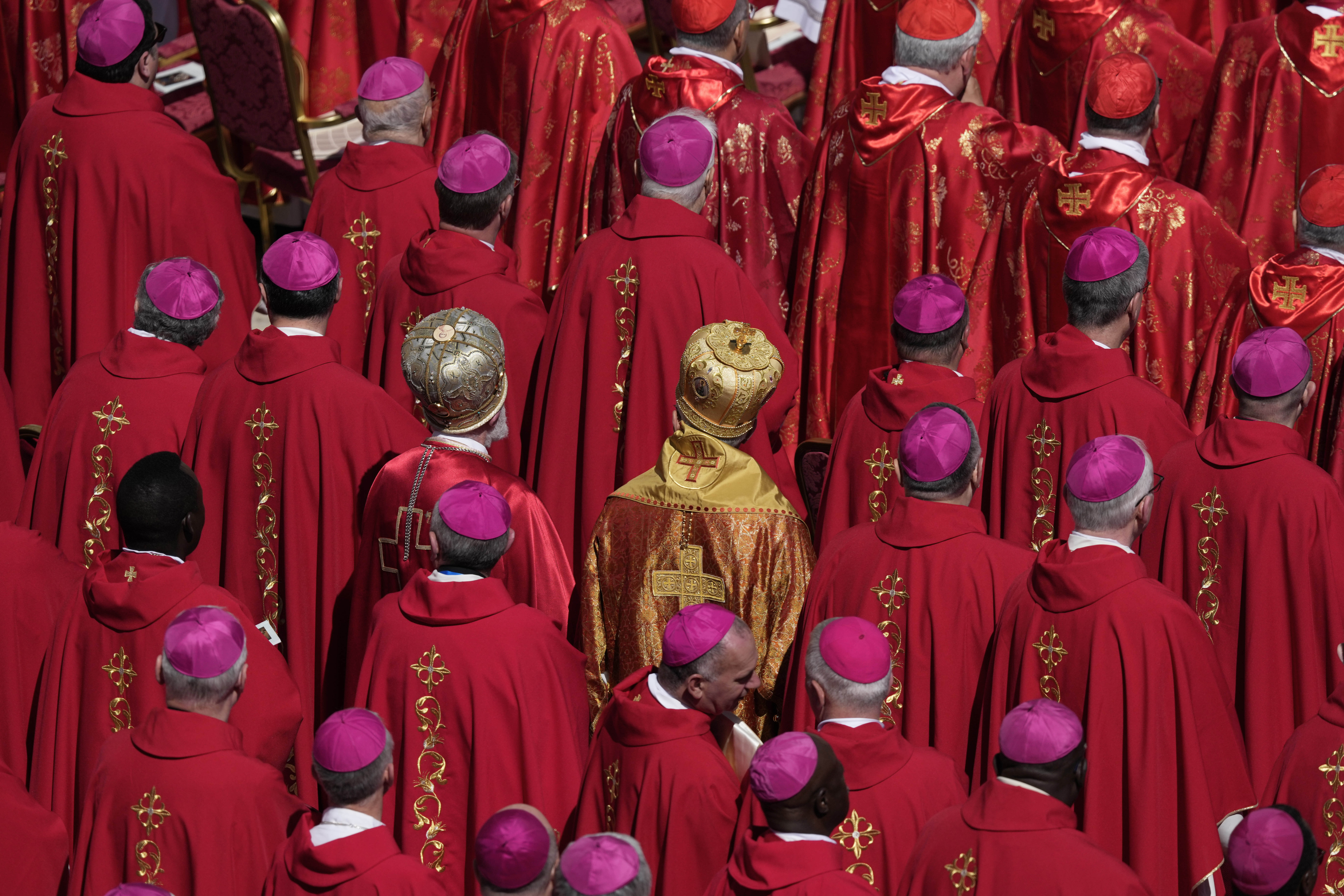 Cardinals stand during the funeral of Pope Francis in St. Peter's Square at the Vatican, Saturday, April 26, 2025. (AP Photo/Gregorio Borgia)