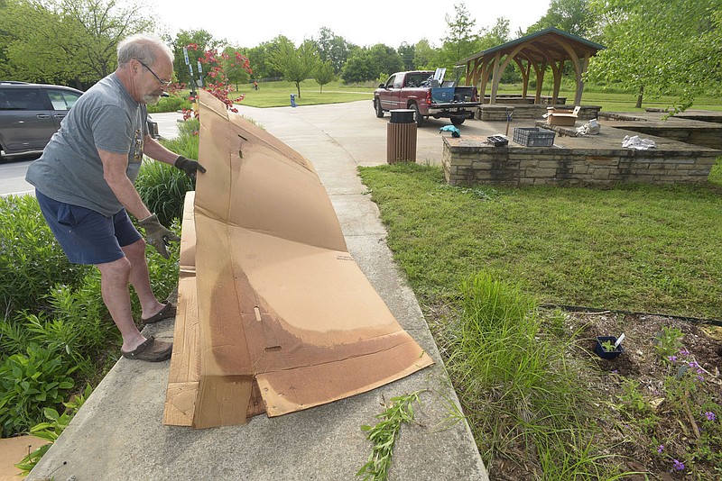 Ron Mynatt unfolds cardboard that will be used under mulch. The material decomposes and helps plants grow..(NWA Democrat-Gazette/Flip Putthoff)