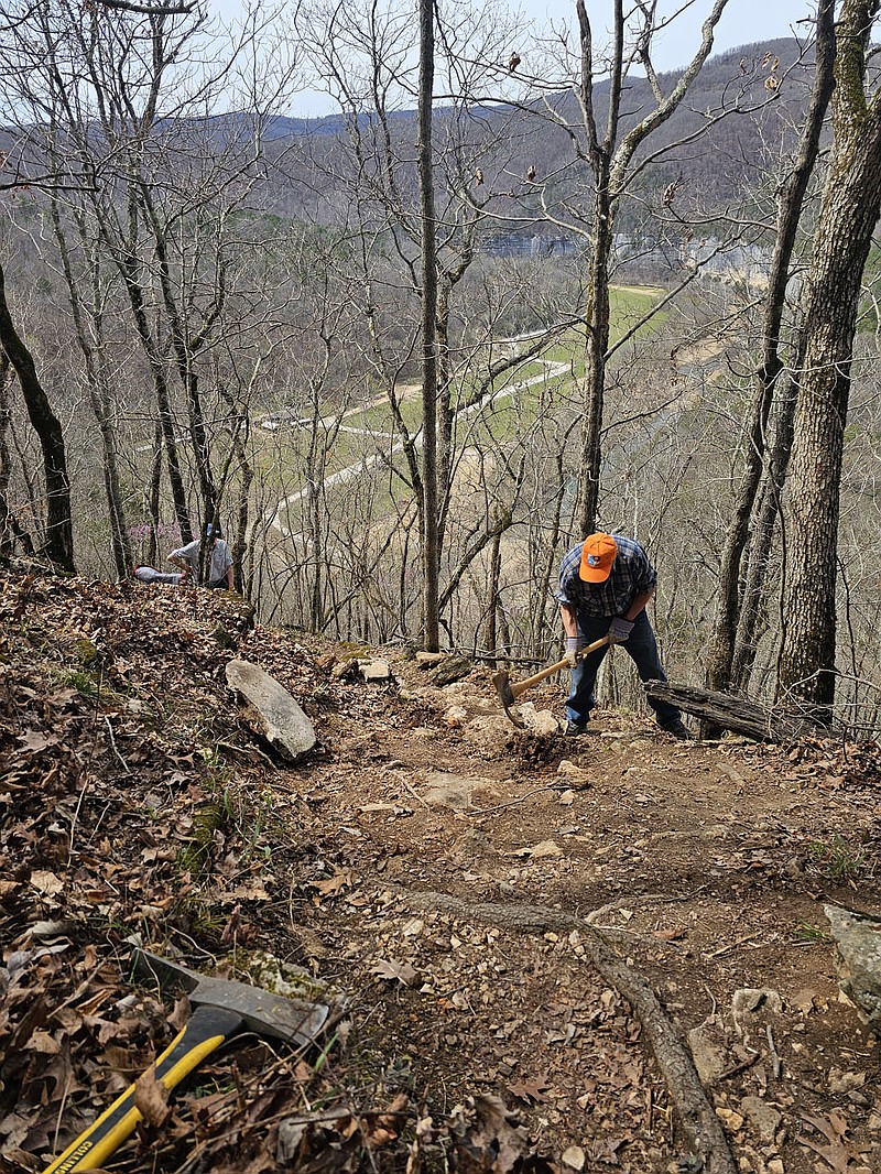 Master Naturalist and Ozark Society volunteers helped install steps for a steep trail section near Steel Creek on the Buffalo River Trail this March..(Submitted Photo/Kevin Otterman)