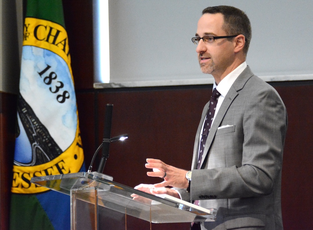 Staff Photo by Robin Rudd / Paul Boylan, City of Chattanooga, accountant speaks to the reporting of finances for the project. The Joint City-County Sports Authority Board held their regular meeting at the john P. Franklin Sr. City Council Building Assembly Room on June 12, 2025.