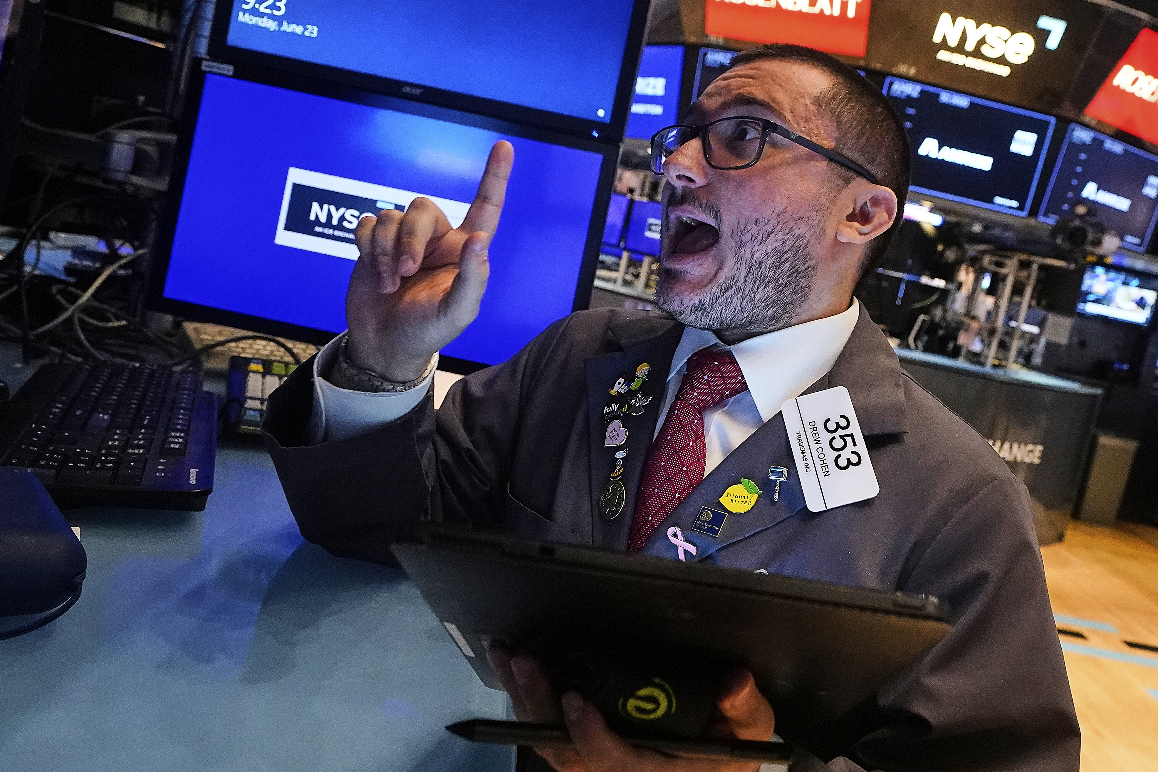 Trader Drew Cohen works on the floor of the New York Stock Exchange, Monday, June 23, 2025. (AP Photo/Richard Drew)
