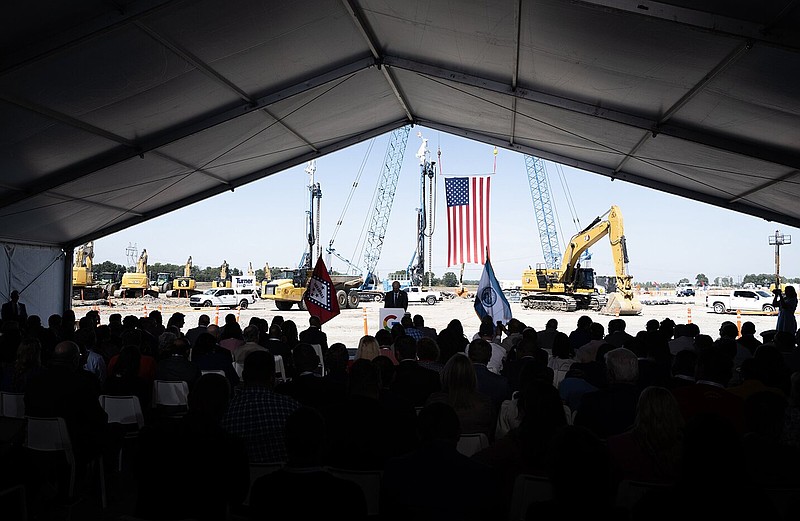 Drew Marsh, chairman and CEO of Entergy, speaks in West Memphis during the announcement in early October of a $4 billion investment by Alphabet and Google for cloud and artificial intelligence infrastructure. It marks the largest private investment in the state’s history, topping the $3 billion U.S. Steel spent for the recently completed Big River Steel II plant in nearby Mississippi County.
(Democrat-Gazette file photo)