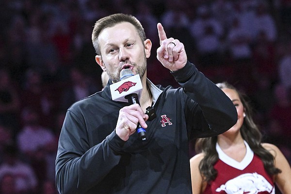 Arkansas football coach Ryan Silverfield makes first public appearance at Razorback basketball game