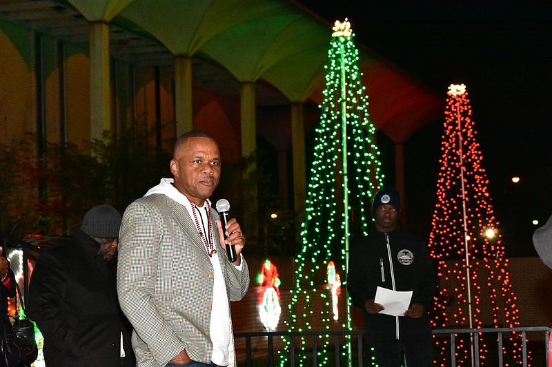 Southeast Arkansas College President Tyrone Jackson addresses the crowd at the Civic Center before the tree lighting during the Mistletoe Magic Christmas Extravaganza parade on Saturday, Dec. 6, 2025. (Pine Bluff Commercial/I.C. Murrell)