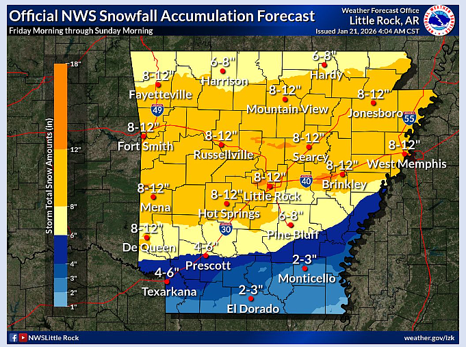 Forecast indicates parts of Arkansas could see a foot of snow this weekend
