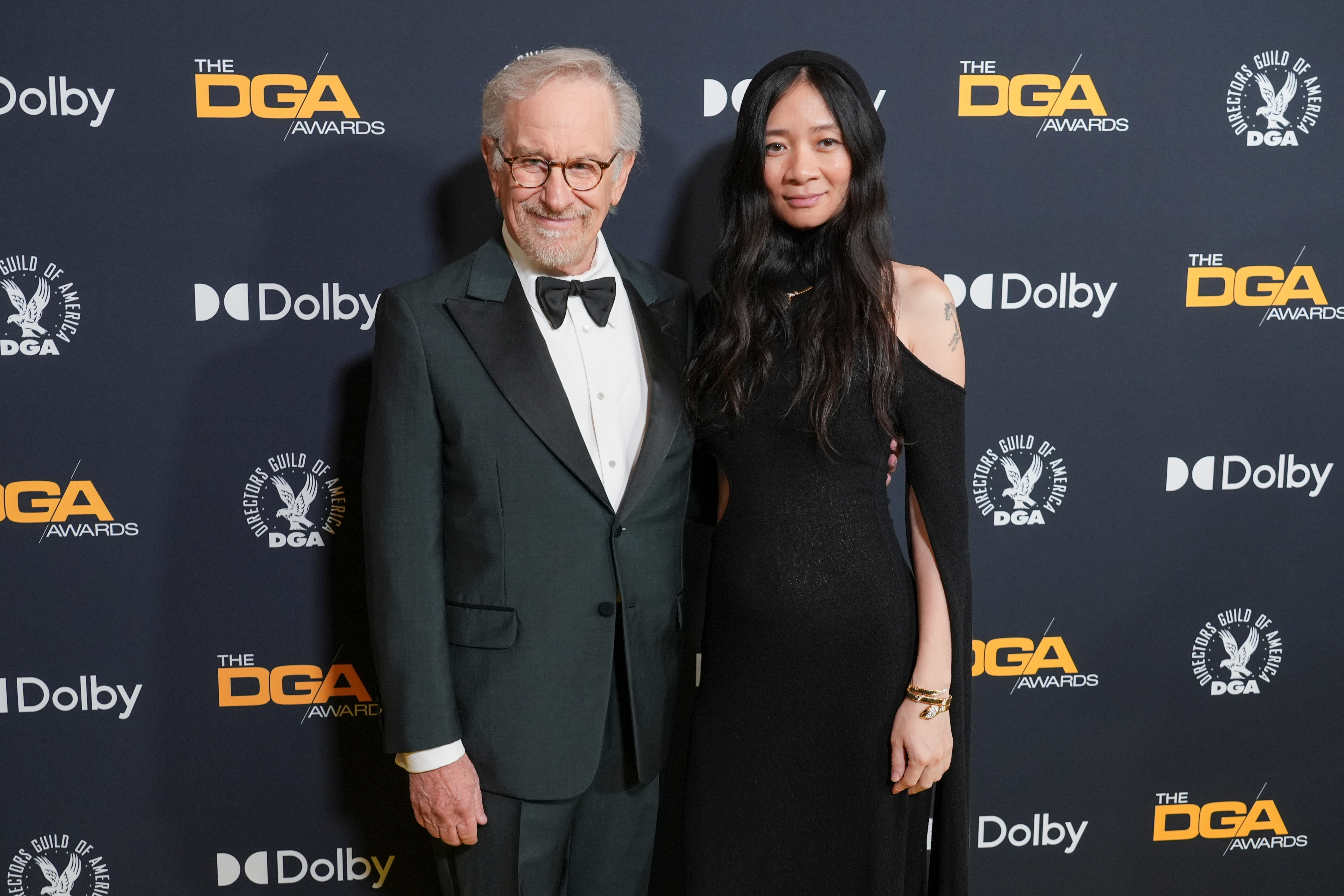 Steven Spielberg, left, and Chloe Zhao arrive at the DGA Awards on Saturday, Feb. 7, 2026, at The Beverly Hilton in Beverly Hills, Calif. (AP Photo/Chris Pizzello)