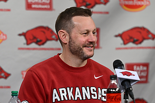 Arkansas football coach Ryan Silverfield is shown, Wednesday, March 11, 2026, during a press conference in Fayetteville. (Hank Layton/WholeHogSports)