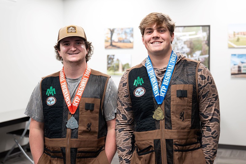 University of Arkansas at Monticello students students in the men’s collegiate division of the Scholastic Clay Target Program South Central Regional tournament pose for a photo. From left are Brody Little and Wyatt Womack, who secured first and second place. (Special to The Commercial/University of Arkansas at Monticello)