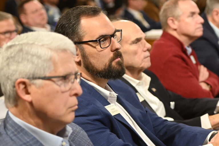 State Rep. Martin Momtahan, center, is the sponsor of a bill that would require Georgia food aid recipients to prove their citizenship status before receiving benefits. (Ross Williams/Georgia Recorder)