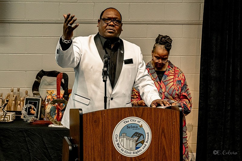 DuShun L. Scarbrough Sr., executive director of the Arkansas Martin Luther King Jr. Commission, gives a moving acceptance speech at the Freedom Flame Awards Gala in Selma, Ala., on Saturday, March 7, 2026. (Pine Bluff Commercial/Eplunus Colvin)