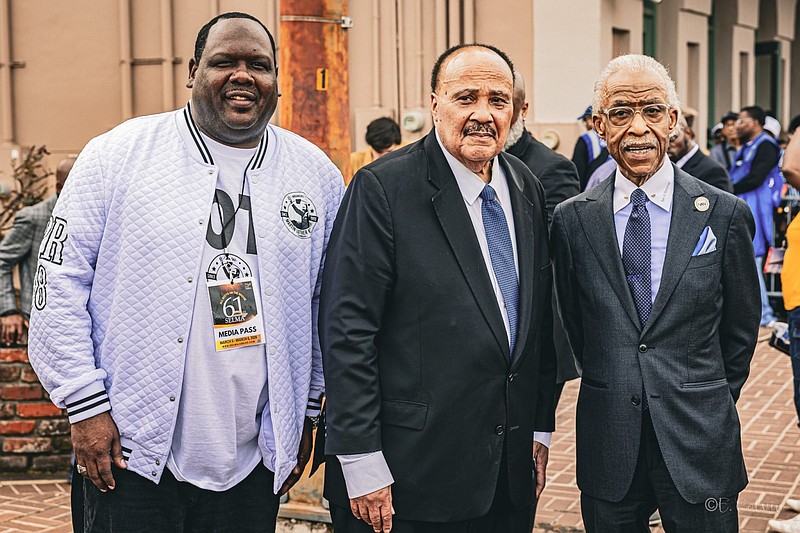 DuShun L. Scarborough Sr. (from left), executive director of the Arkansas Martin Luther King Jr. Commission, stands alongside Martin Luther King III and the Rev. Al Sharpton during the 61st Selma Jubilee in Selma, Ala., on Sunday, March 8, 2026. (Pine Bluff Commercial/Eplunus Colvin)