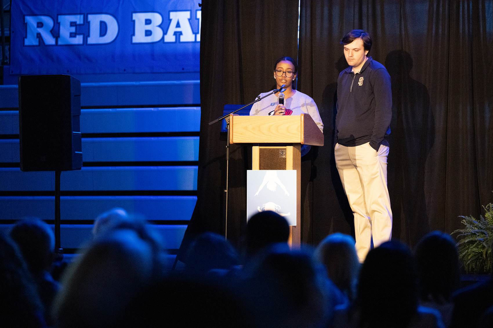 Staff Photo by Seth Carpenter/ Student representative Starr Saied speaks alongside fellow representative Ryan Jenkins at the State of the System.