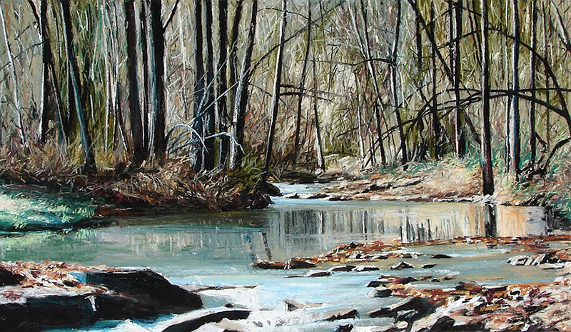 “Shallow Creek II” by Dennis McCann, “Curled Maple” by Robyn Horn, “Golden Light Succulent” by Peter Sixbey and “Peace, Goodwill To Men” by John P. Lasater IV are on display through May at Justus Fine Art in Hot Springs.
(Special to the Democrat-Gazette)