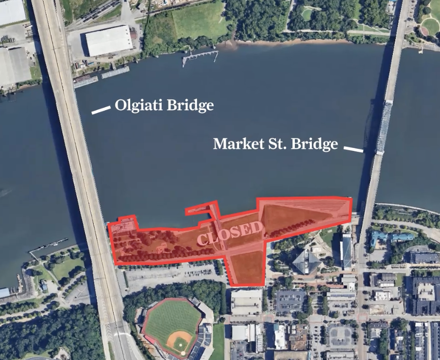 Staff graphic by Sam Kohn / The riverfront redevelopment will take place between Market Street Bridge and the Olgiati Bridge.