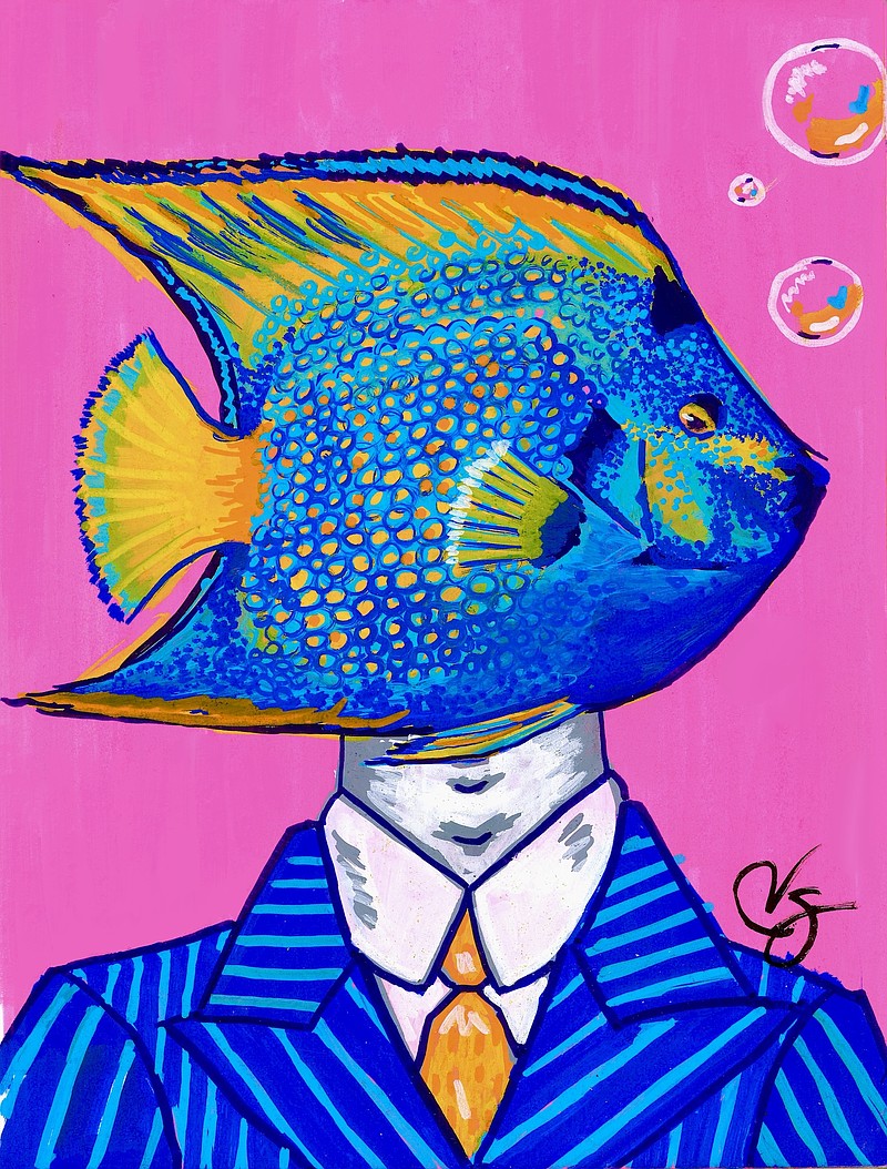 “Dreamscape Aquarium,” a collection of “Fish Guy” portraits (with fish replacing human heads and donning clown suits, business wear, dresses and everyday clothing) by Vershea (the nom de art of Arkansas-based mixed-media artist Gabrielle Vernor) is on display through Aug. 12 at North Little Rock’s Acansa Gallery. (Special to the Democrat-Gazette)