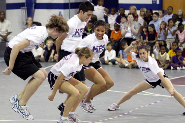 Members of the HFS Jump Force team perform Friday afternoon at Daisy Bates Elementary School in Little Rock. HFS Jump Force is a competition and demonstration jump rope team based out of Texas, who performed with the school's own team, The Daisy Bates Jumpers. The Daisy Bates Jumpers are Arkansas' only school jump rope team.