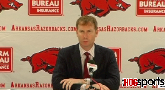 Arkansas coach John Pelphrey gives an update on the Razorbacks' preseason practices at the team's annual media day on Friday. 