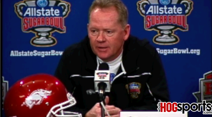 Arkansas coach Bobby Petrino speaks to the media during the Sugar Bowl welcome press conferences Thursday in New Orleans. 