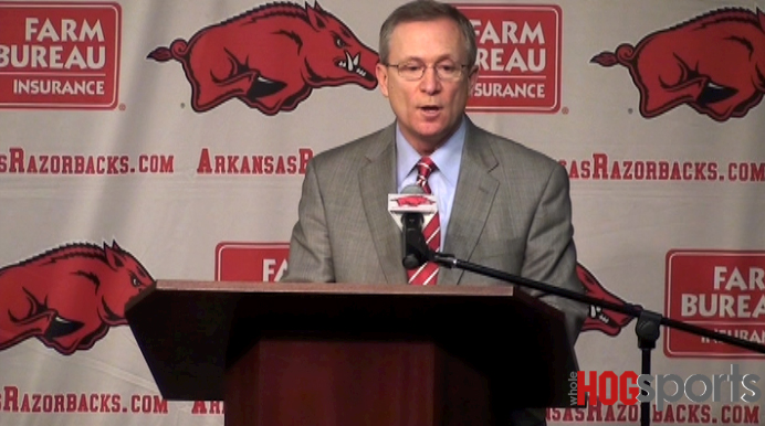 Arkansas athletics director Jeff Long addresses his decision to fire John Pelphrey as the Razorbacks' basketball coach Sunday. 