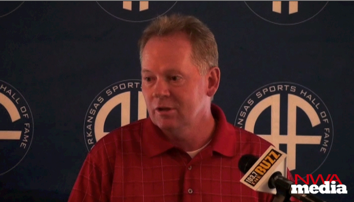 Arkansas coach Bobby Petrino gives an update on the Razorbacks' off-season Monday at Chenal Country Club in Little Rock. 