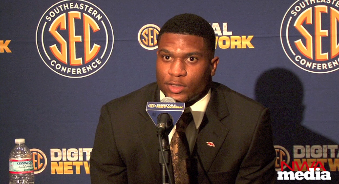 Arkansas running back Knile Davis speaks Wednesday at the SEC Media Days in Hoover, Ala. 