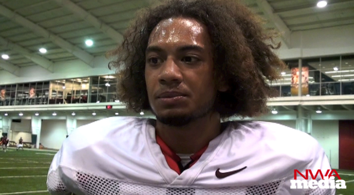 Arkansas linebacker Robert Atiga recaps the Razorbacks' preseason practice Wednesday. 