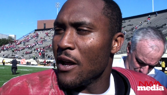 Arkansas receiver Jarius Wright recaps the Razorbacks' 31-28 win over Vanderbilt Saturday in Nashville, Tenn. Wright finished the game with 10 catches for 135 yards and a touchdown. 