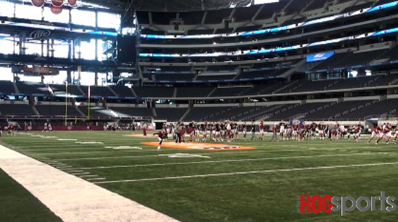 VIDEO: Arkansas players go through their first practice at Cowboys Stadium on Sunday. 