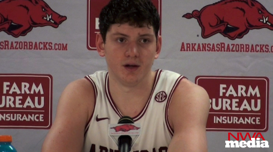 Arkansas freshmen BJ Young (15 points) and Hunter Mickelson (11 points) recap the Razorbacks' 66-64 win over Michigan on Saturday at Bud Walton Arena. 