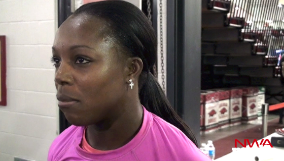 Jamaican sprinter Veronica Campbell-Brown, a former University of Arkansas all-American, recaps her performance in the 60-meter dash at the USA Track & Field Classic on Saturday in Fayetteville. Campbell-Brown, the two-time defending Olympics gold medalist in the 200, finished second with a time of 7.08 seconds. 