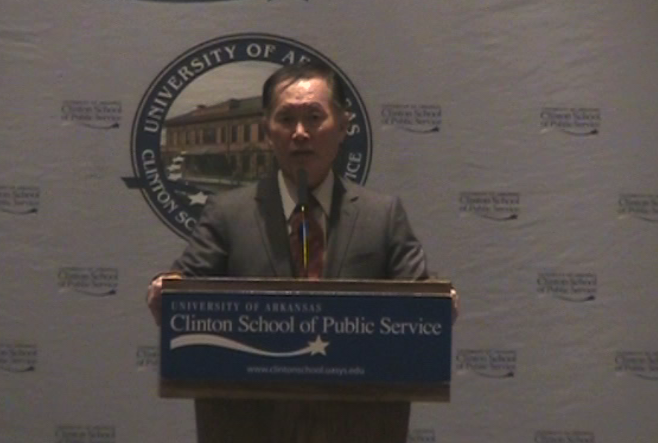 Actor George Takei spoke Thursday night in Little Rock, telling a packed audience at the Robinson Center exhibition hall about his childhood in a Japanese-American relocation camp in Arkansas.