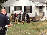 Two people were injured, one taken to the hospital by an ambulance, when they&#x27;re car left the roadway and came to rest in the backyard of a home and against the wall of a house on Woodrow St.