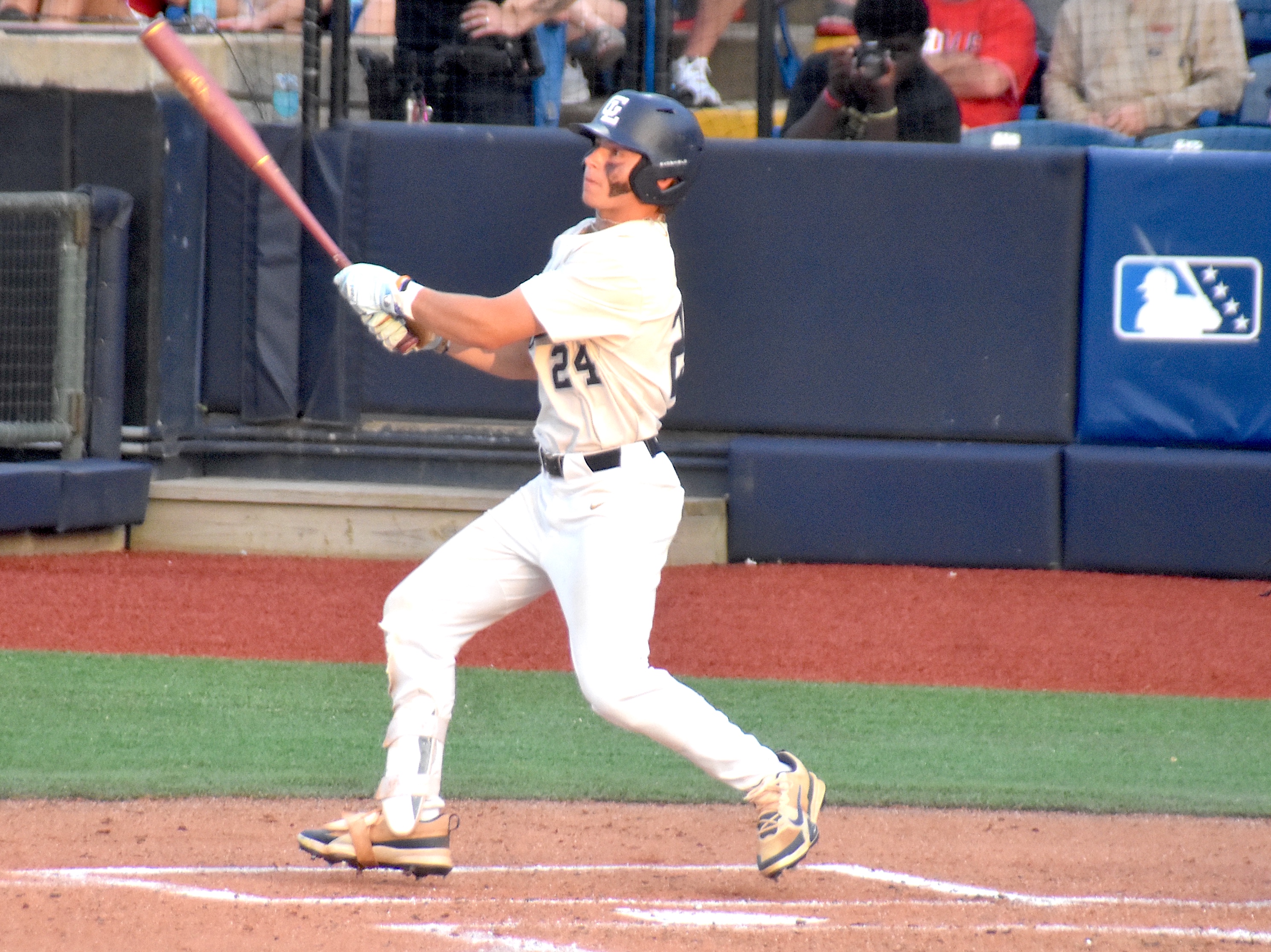Staff photo by Patrick MacCoon / Gordon Lee's Brady Little drives in a run on a hit in Game 2 of Monday's GHSA Class 1A state championship against Pepperell at AdventHealth Stadium in Rome, Ga.