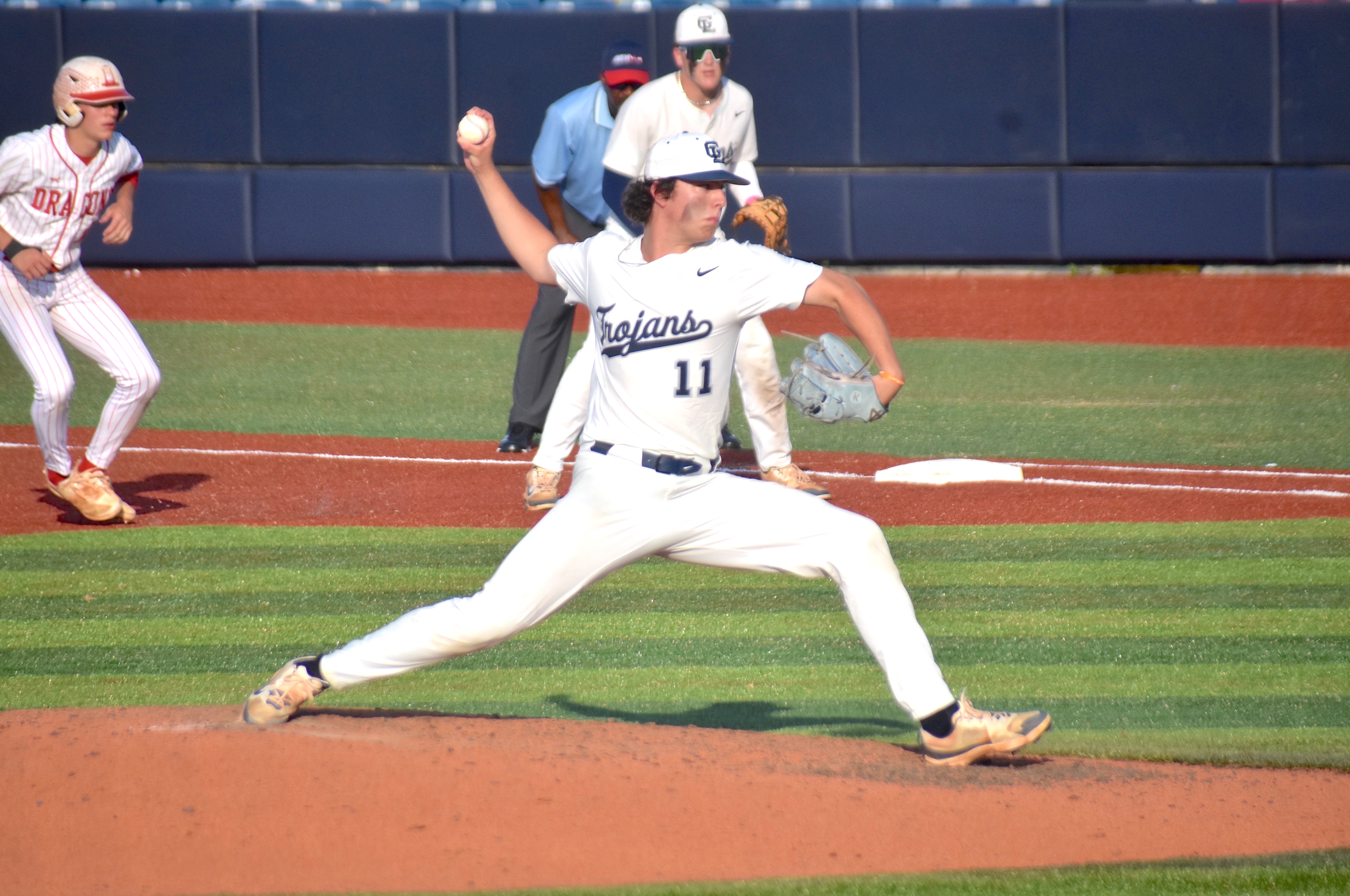 Staff photo by Patrick MacCoon / Gordon Lee's Aiden Goodwin pitches during Monday's Game 1 of the GHSA Class 1A state championship series against Pepperell at AdventHealth Stadium in Rome, Ga.