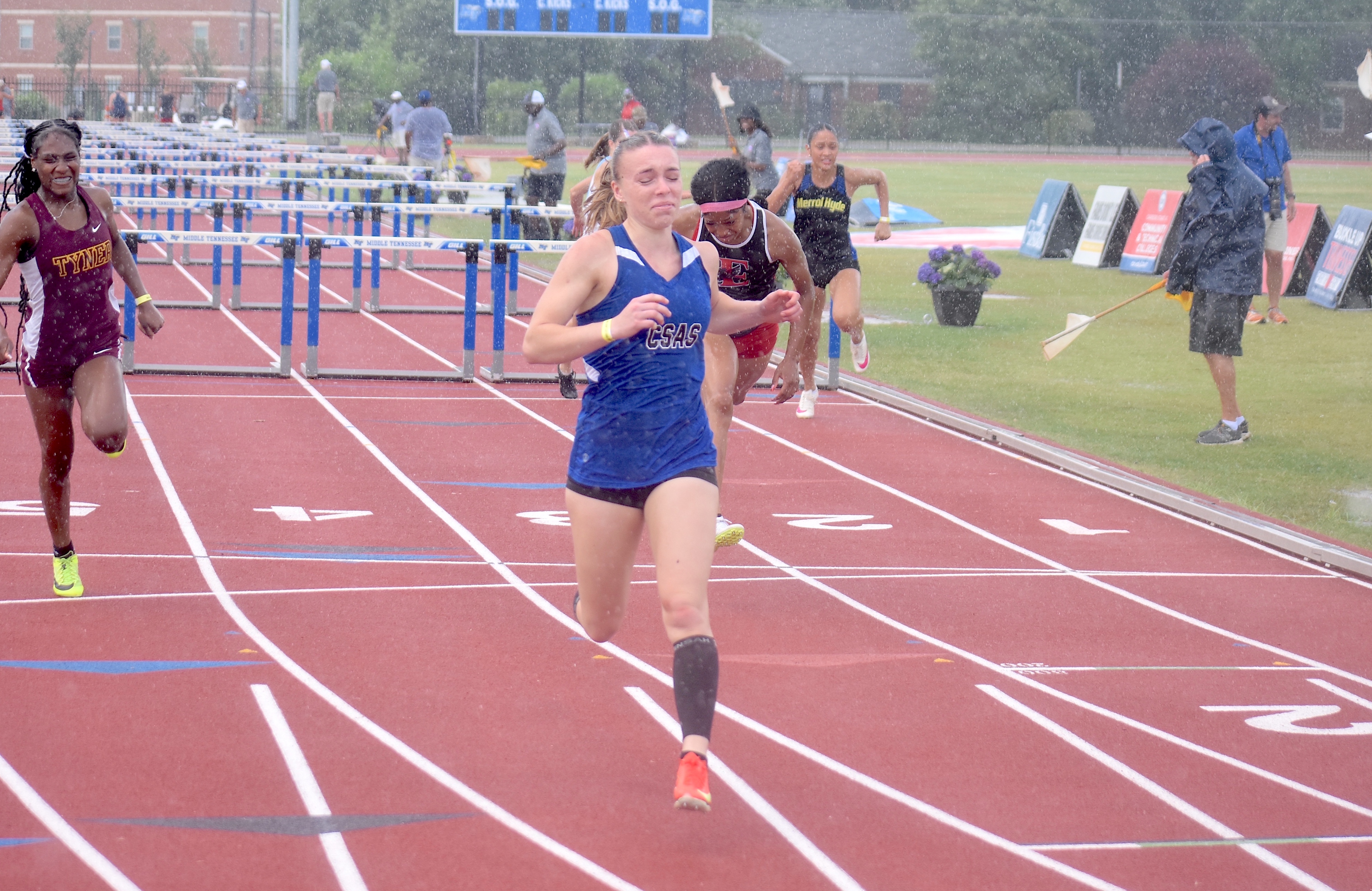 Staff photo by Patrick MacCoon / Arts & Sciences senior Fiona Eastman shows emotion after winning the TSSAA Class A 100-meter hurdles state championship on the first day of the Spring Fling Tuesday in Murfreesboro.