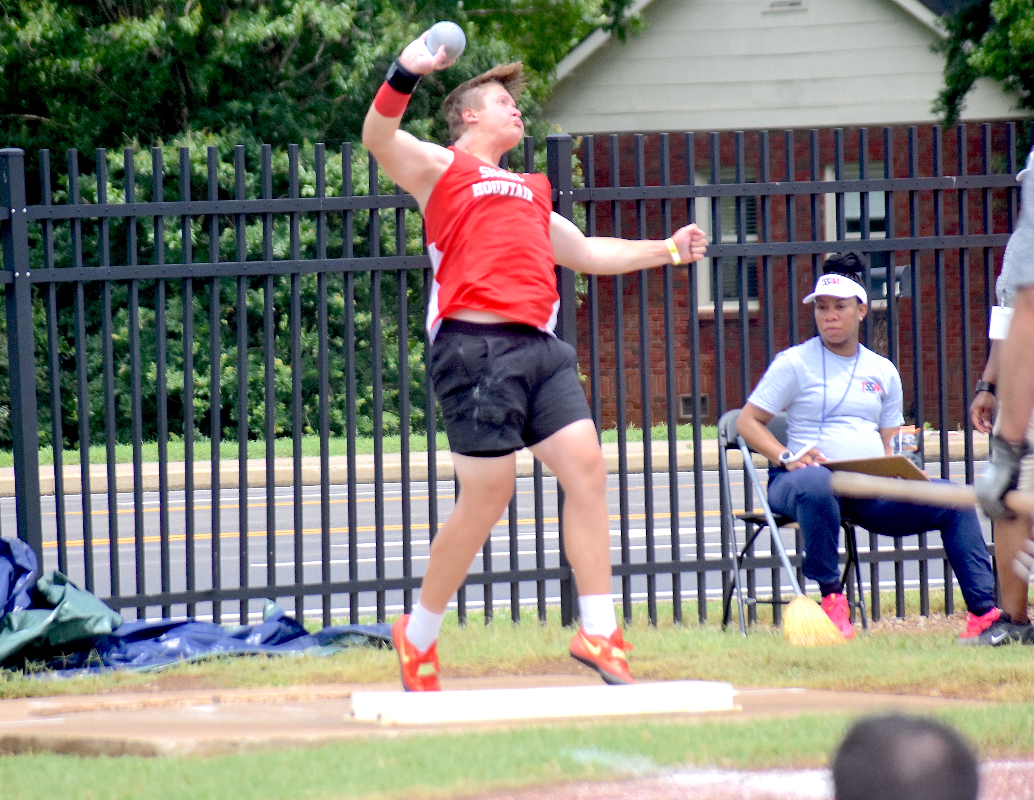 Staff photo by Patrick MacCoon / Signal Mountain junior Hudson Sveadas throws his first attempt in Tuesday's TSSAA Class AA boys' shot put championship event on the first day of the Spring Fling in Murfreesboro. Sveadas' mark of 57-01 landed him a runner-up finish.