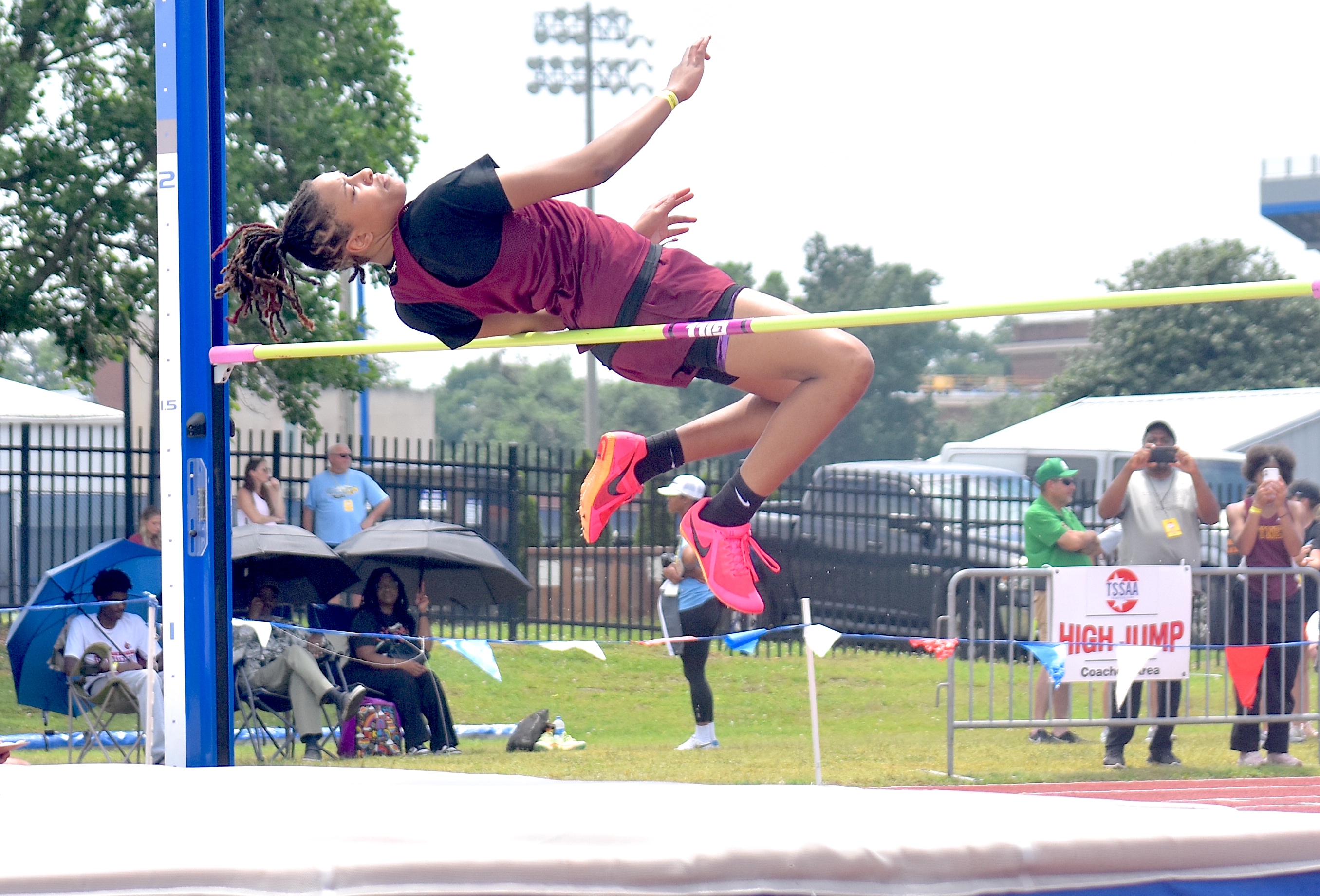 Staff photo by Patrick MacCoon / Tyner junior Joslyn Brookins won the TSSAA Class A girls' high jump state championship with a personal record leap of 5-foot-2 at Middle Tennessee State University on Tuesday.