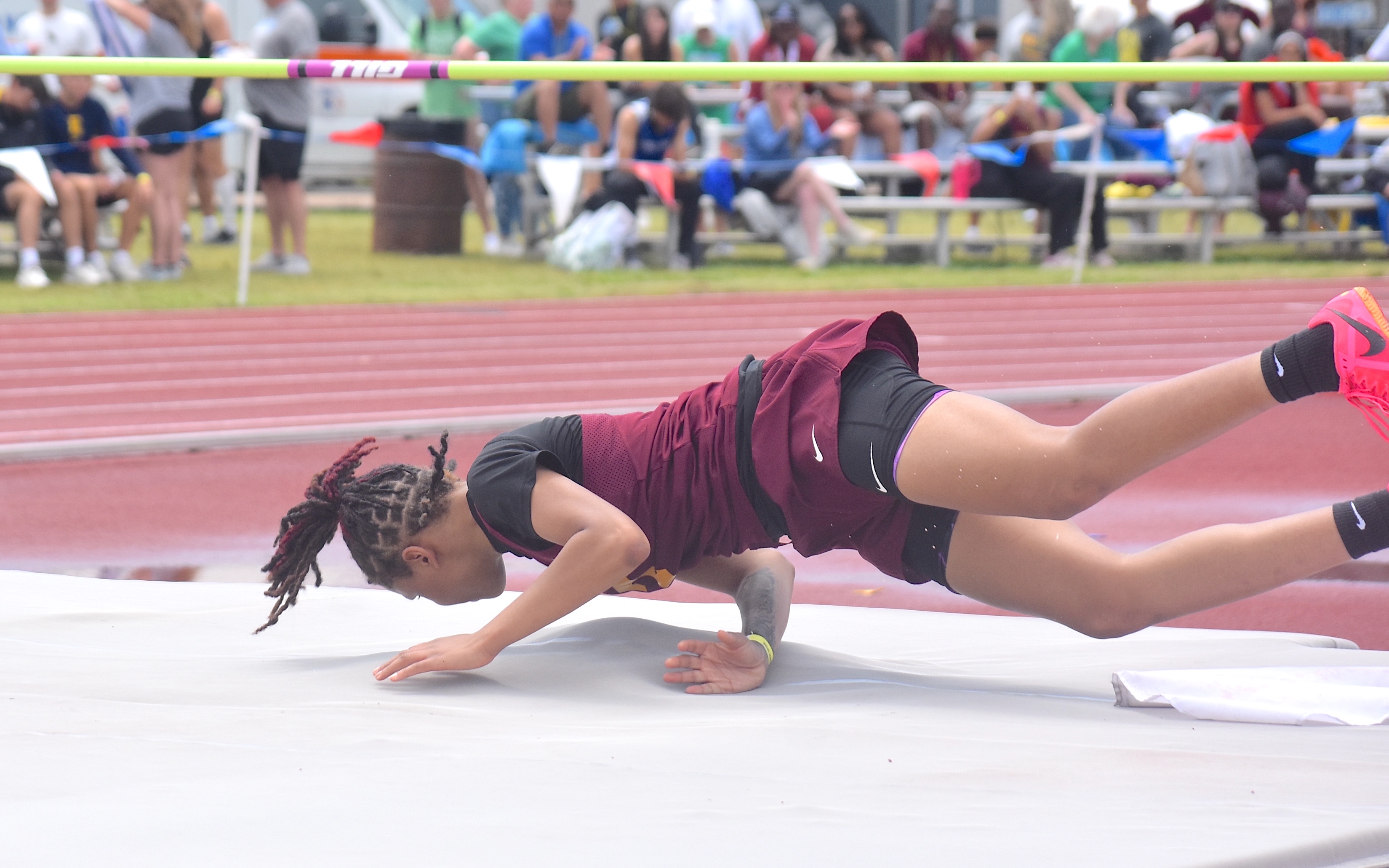 Staff photo by Patrick MacCoon / Tyner junior Joslyn Brookins won the TSSAA Class A girls' high jump state championship with a personal record leap of 5-foot-2 at Middle Tennessee State University on Tuesday.