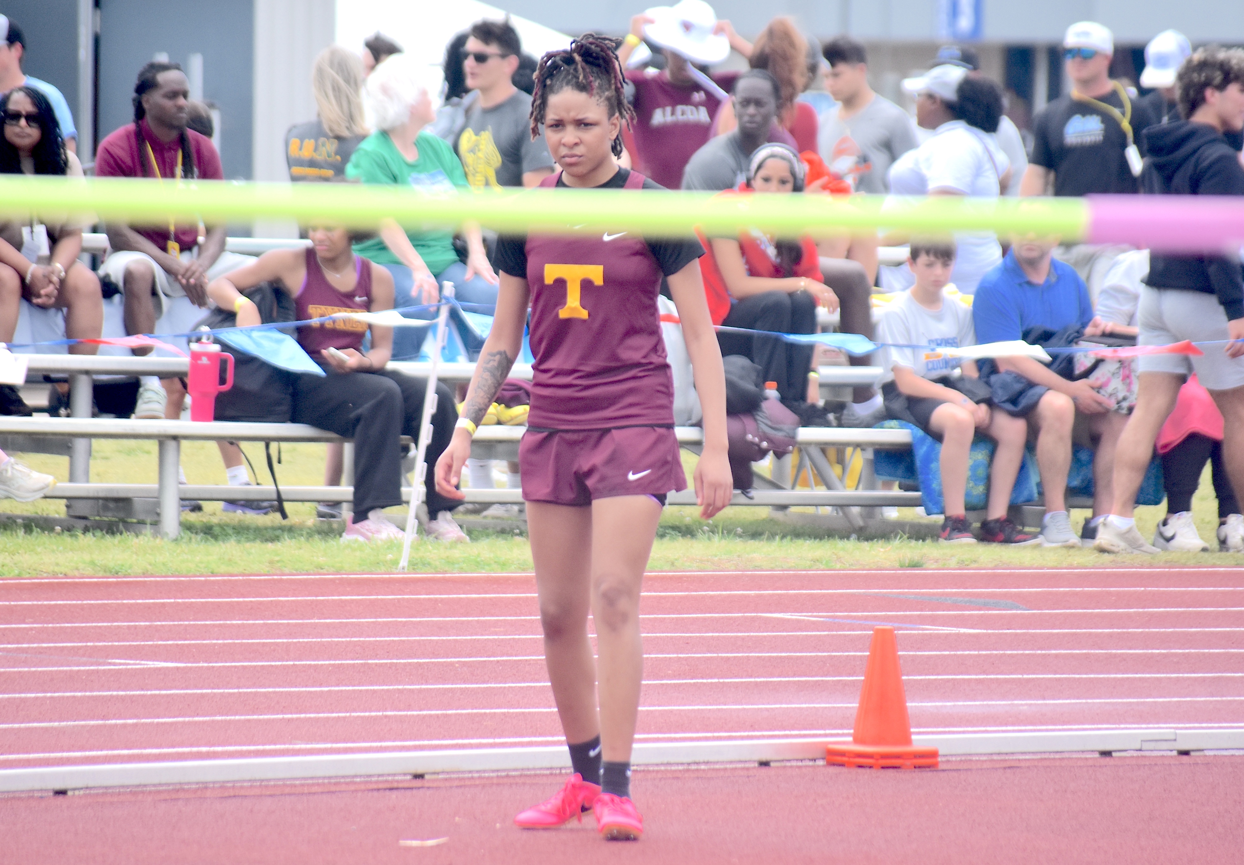 Staff photo by Patrick MacCoon / Tyner junior Joslyn Brookins won the TSSAA Class A girls' high jump state championship with a personal record leap of 5-foot-2 at Middle Tennessee State University on Tuesday.