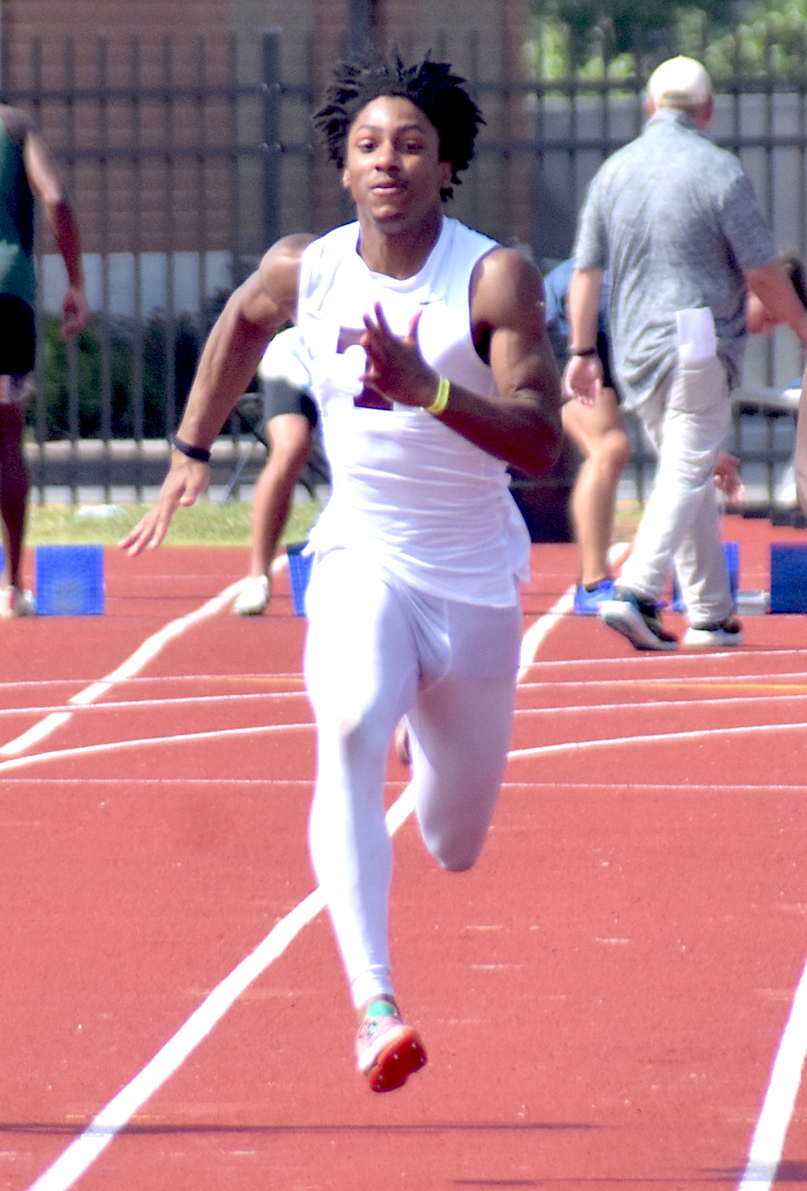 Staff photo by Patrick MacCoon / Tyner freshman Karontae Cunningham races and wins a state championship in Tuesday's TSSAA Class A 100-meter dash at Middle Tennessee State University.