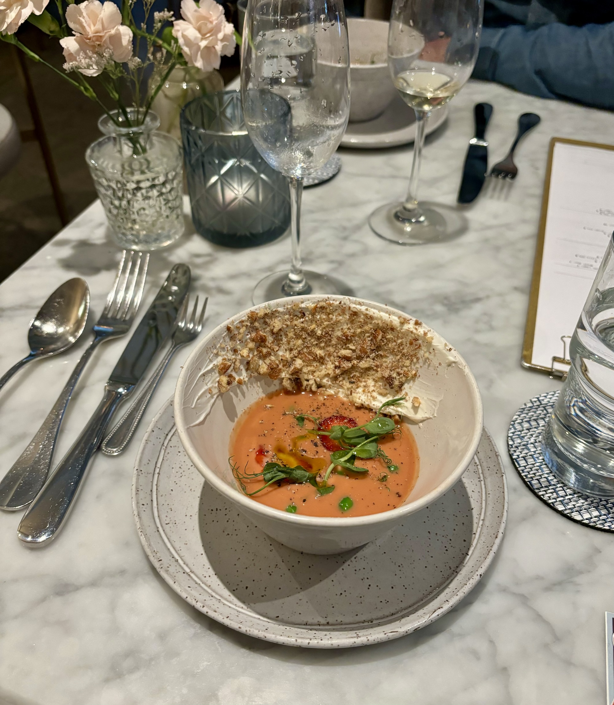 Staff photo by Lyric Lewin / Easy Bistro's strawberry gazpacho has Capriole goat cheese and Alabama pecans.