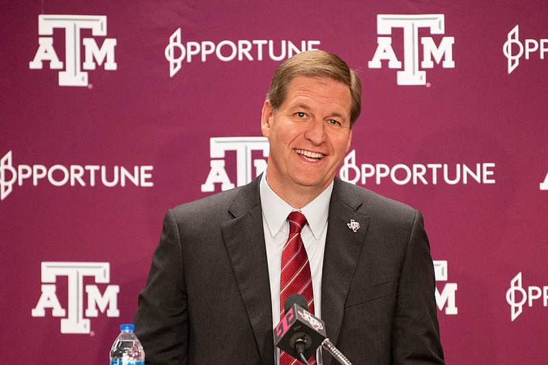 College Station Eagle photo by Meredith Seaver via AP / Texas A&M athletic director Trev Alberts answers questions during a news conference on July 2 in College Station, Texas.