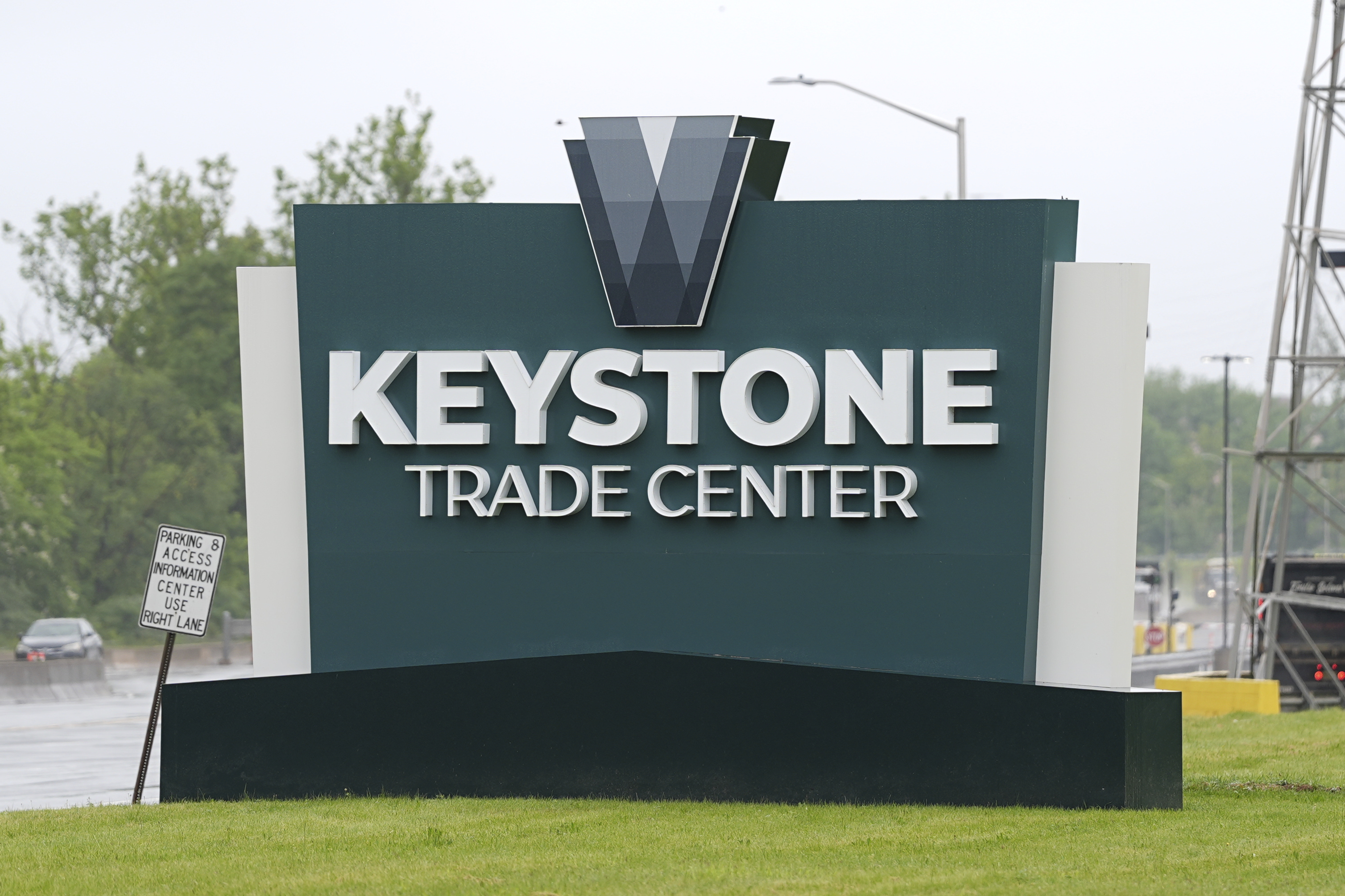 A sign is displayed at the entrance of the Keystone Trade Center in Morrisville, Pa., Monday, June 9, 2025. (AP Photo/Matt Rourke)