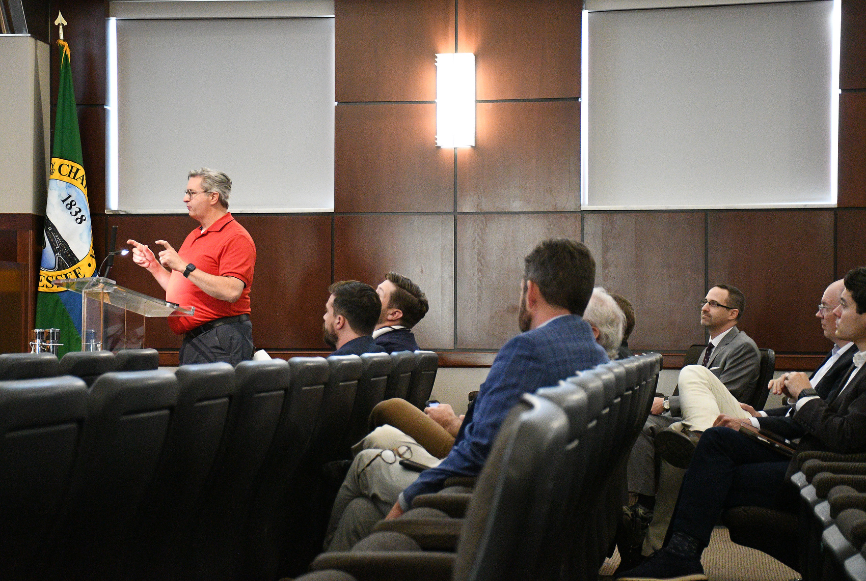 Staff Photo by Robin Rudd / City Engineer Bill Payne gives details June 12, 2025, about the progress of the stadium site's infrastructure during a meeting of the Chattanooga-Hamilton County Sports Authority Board.