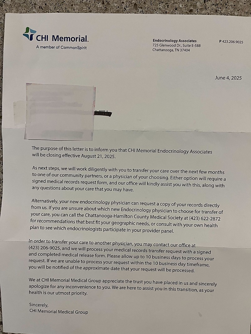 Photo contributed / On June 12, 2025, a letter sent to a CHI Memorial patient notified them of the closure of the hospital's endocrinology and rheumatology offices.