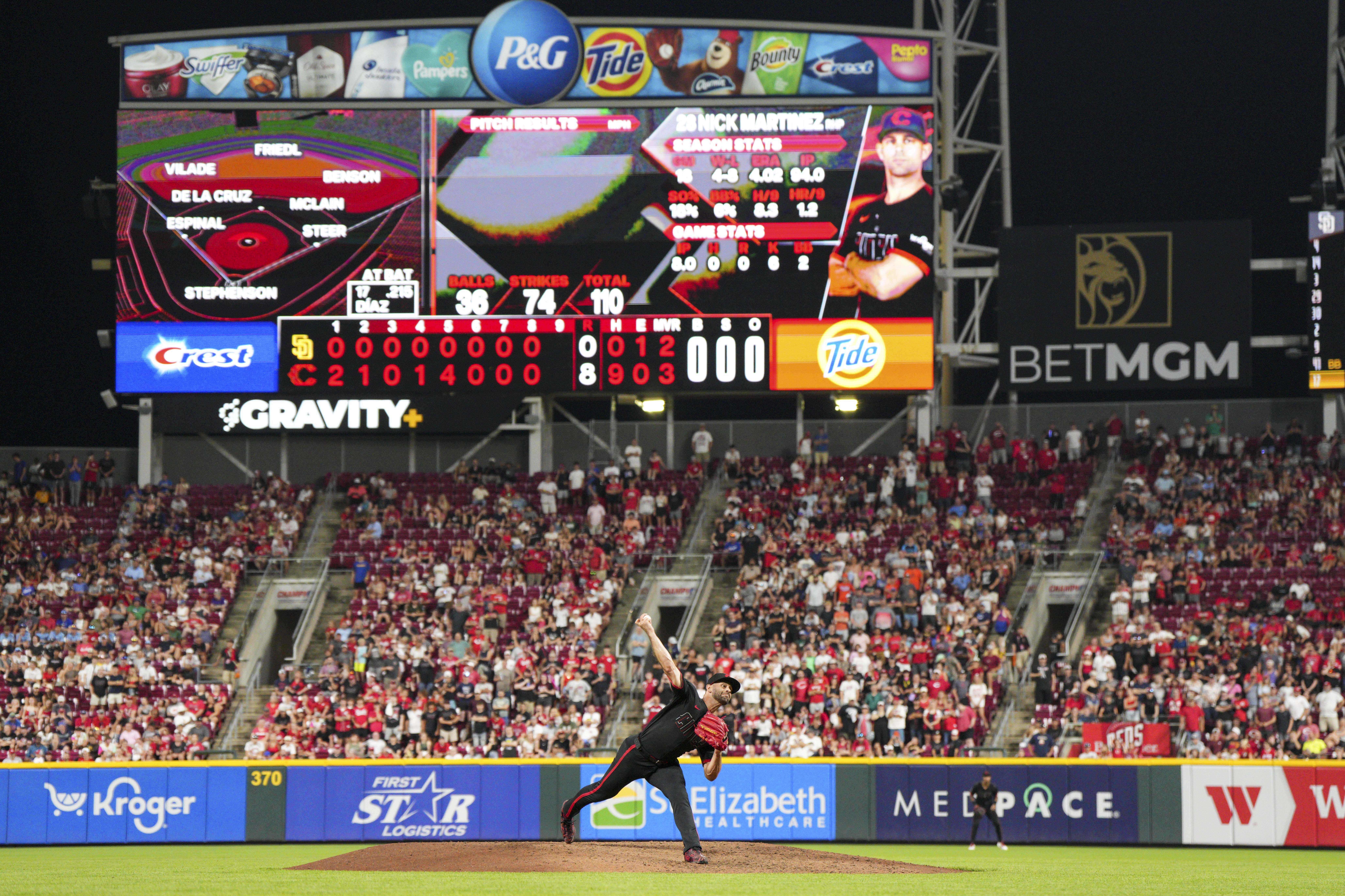 AP photo by Jeff Dean / Cincinnati Reds starter Nick Martinez pitches in the ninth inning of Friday night's game against the visiting San Diego Padres at Great American Ball Park.